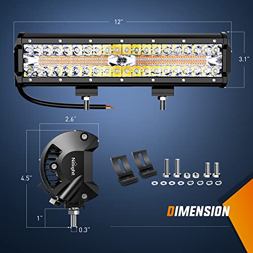 12 Inch 300W Spot Flood Combo LED Light Bar with 2 Pcs 4 inch 60W LED Pods and Wiring Harness X8987