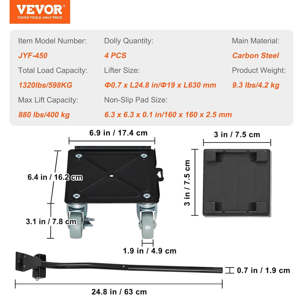 Carbon Steel Furniture Dolly with 360° Rotatable PP Silent Wheels and Brakes, 1320 lbs Capacity A616515