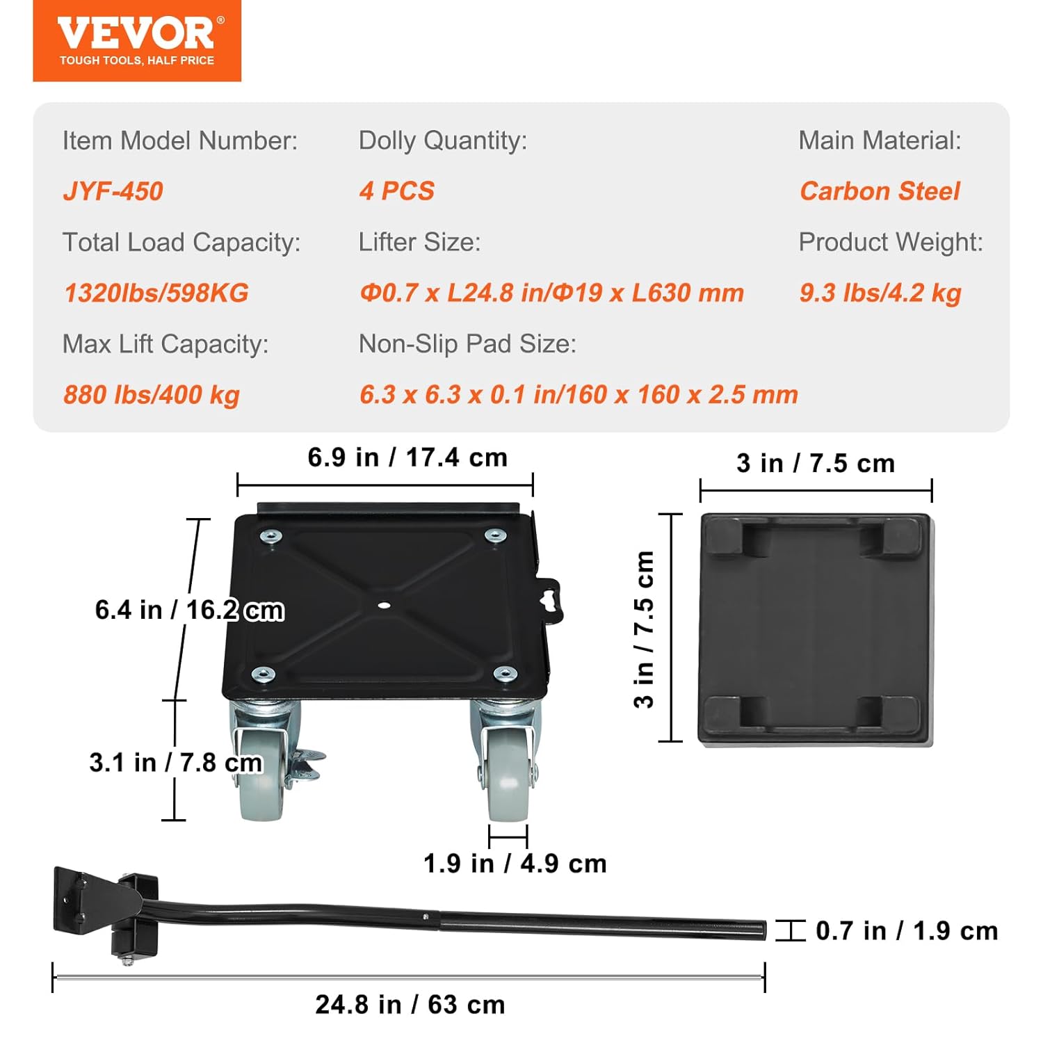 Carbon Steel Furniture Dolly with 360° Rotatable PP Silent Wheels and Brakes, 1320 lbs Capacity A616515