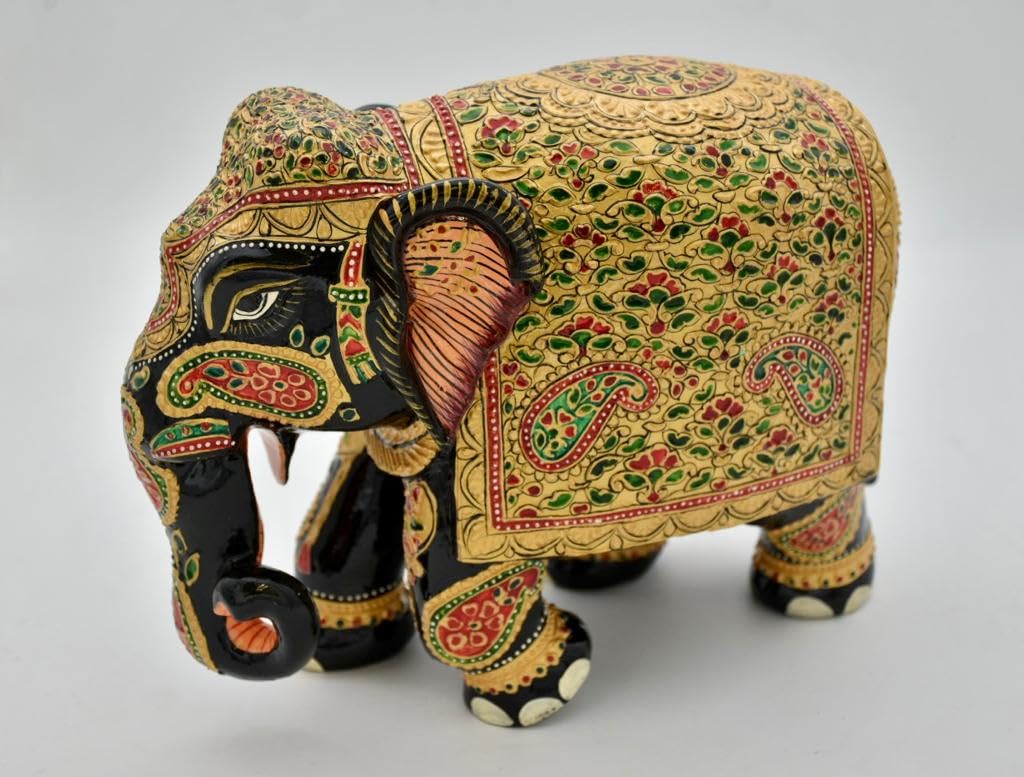 8 Inch Handmade Wooden Elephant Statue with Gold Foil O259240