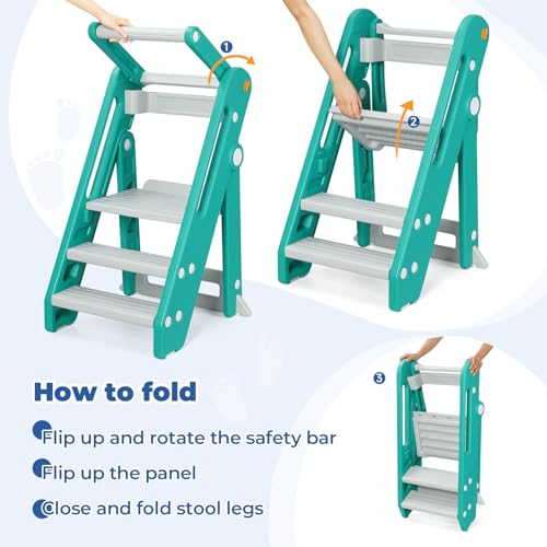 Foldable Adjustable Toddler Kitchen Stool with Handles Non-Slip Blue Grey M586