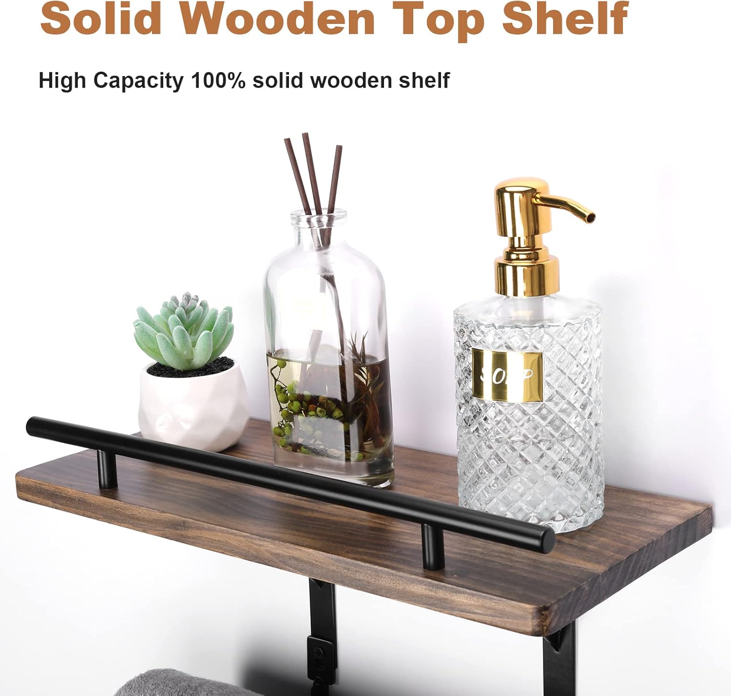 Metal Towel Rack with Wooden Shelf and 3 Hooks K864565