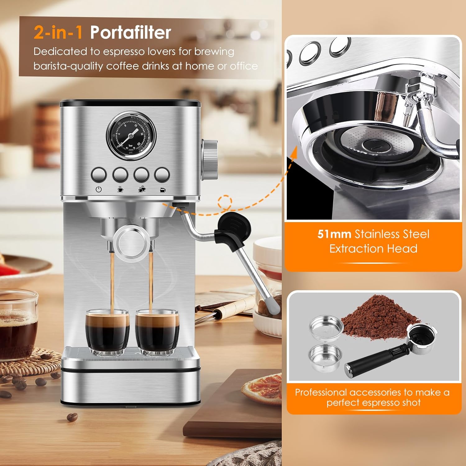 Stainless Steel Espresso Machine with Milk Frother U6468