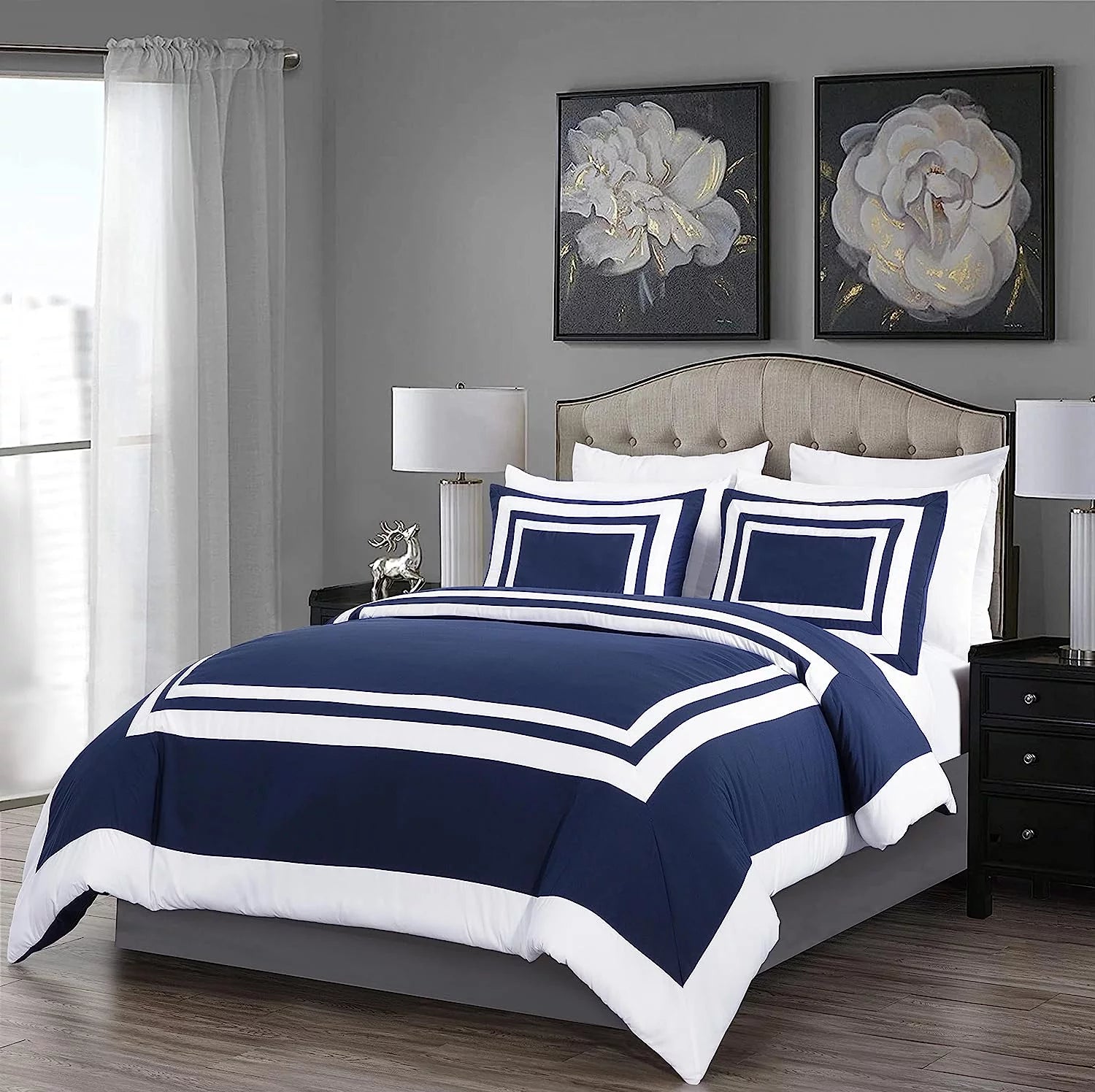 7-Piece King Bed in a Bag Comforter Set with Sheets Navy White Square Pattern Bedding Set O8298