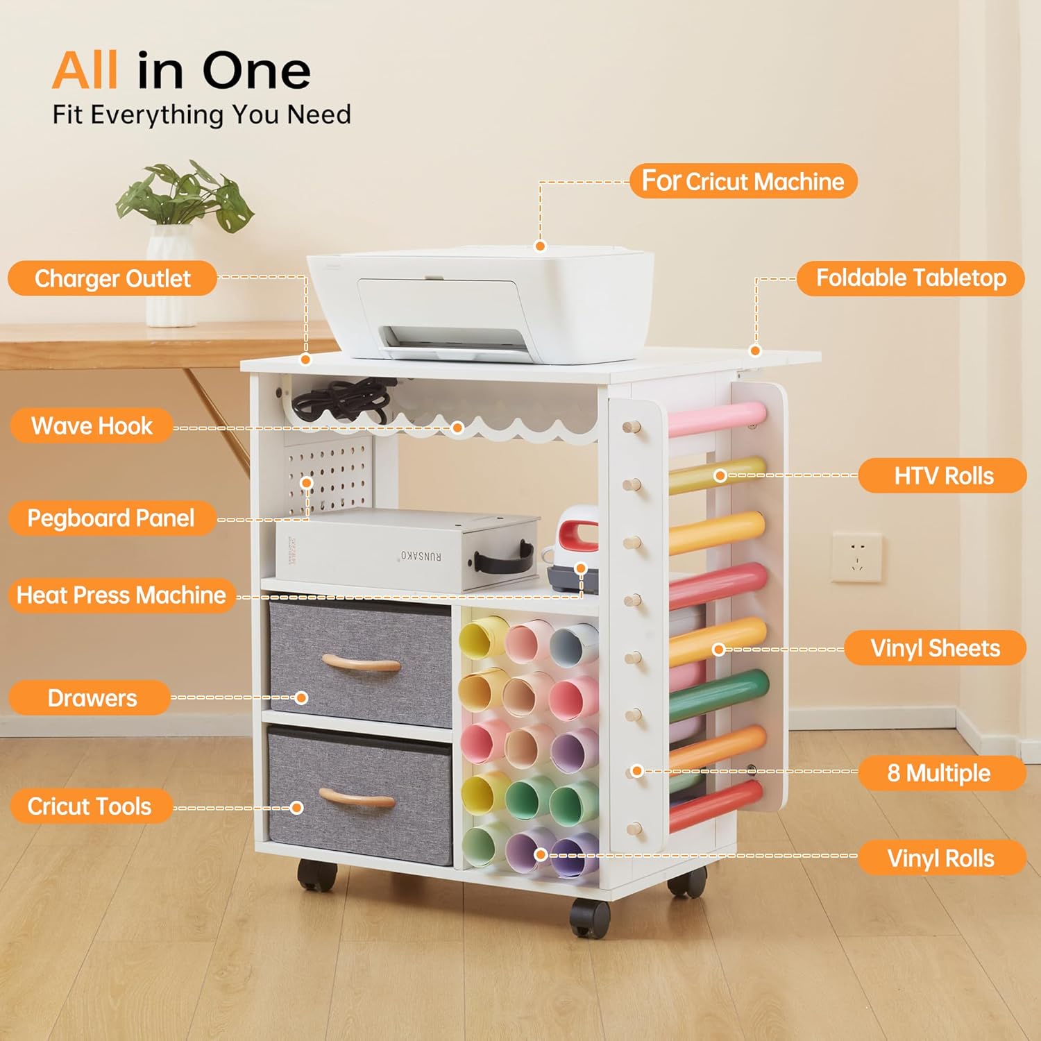 Rolling Craft Cart with Storage Table and Foldable Cabinets G97936