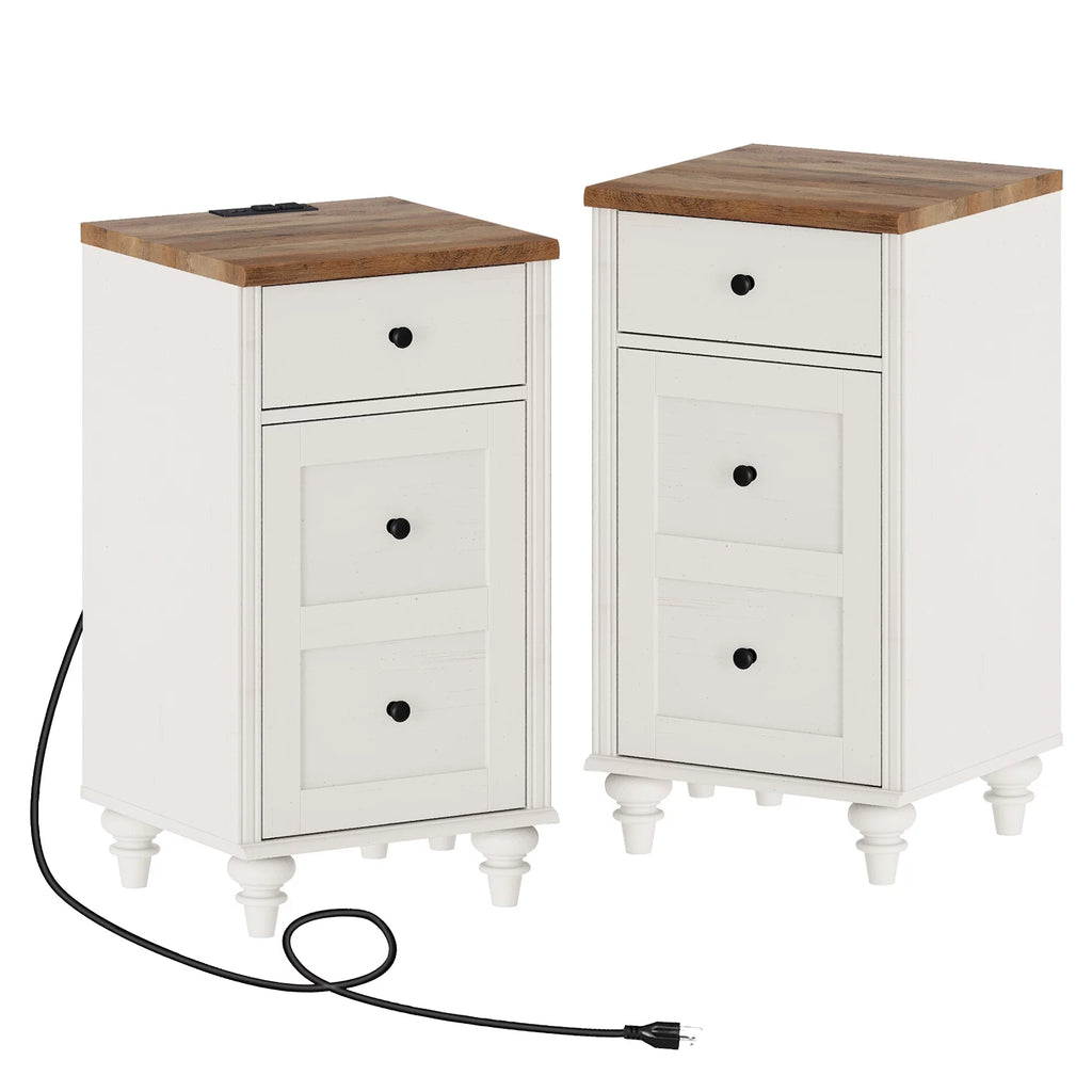 Off-White Wood Nightstand with Drawer and Charging Station K13241