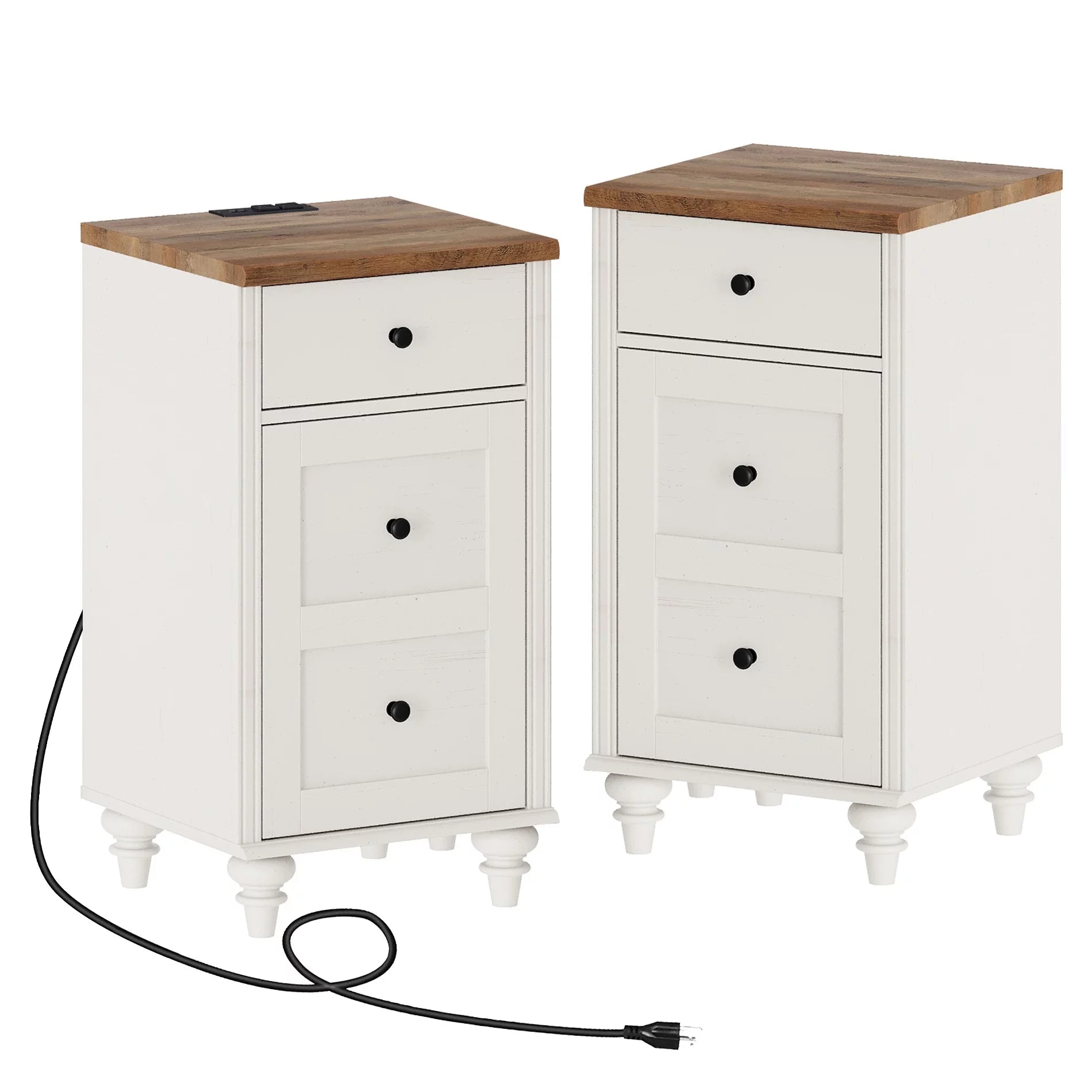 Off-White Wood Nightstand with Drawer and Charging Station K13241