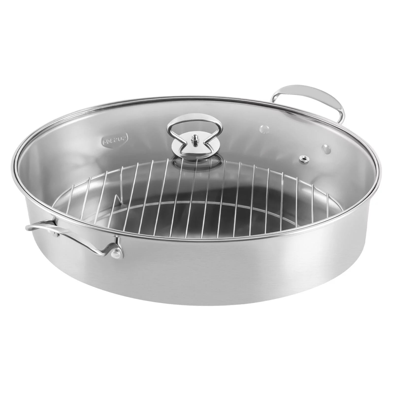 Stainless Steel Oval Fish Steaming Pot with Glass Lid Cookware K82653