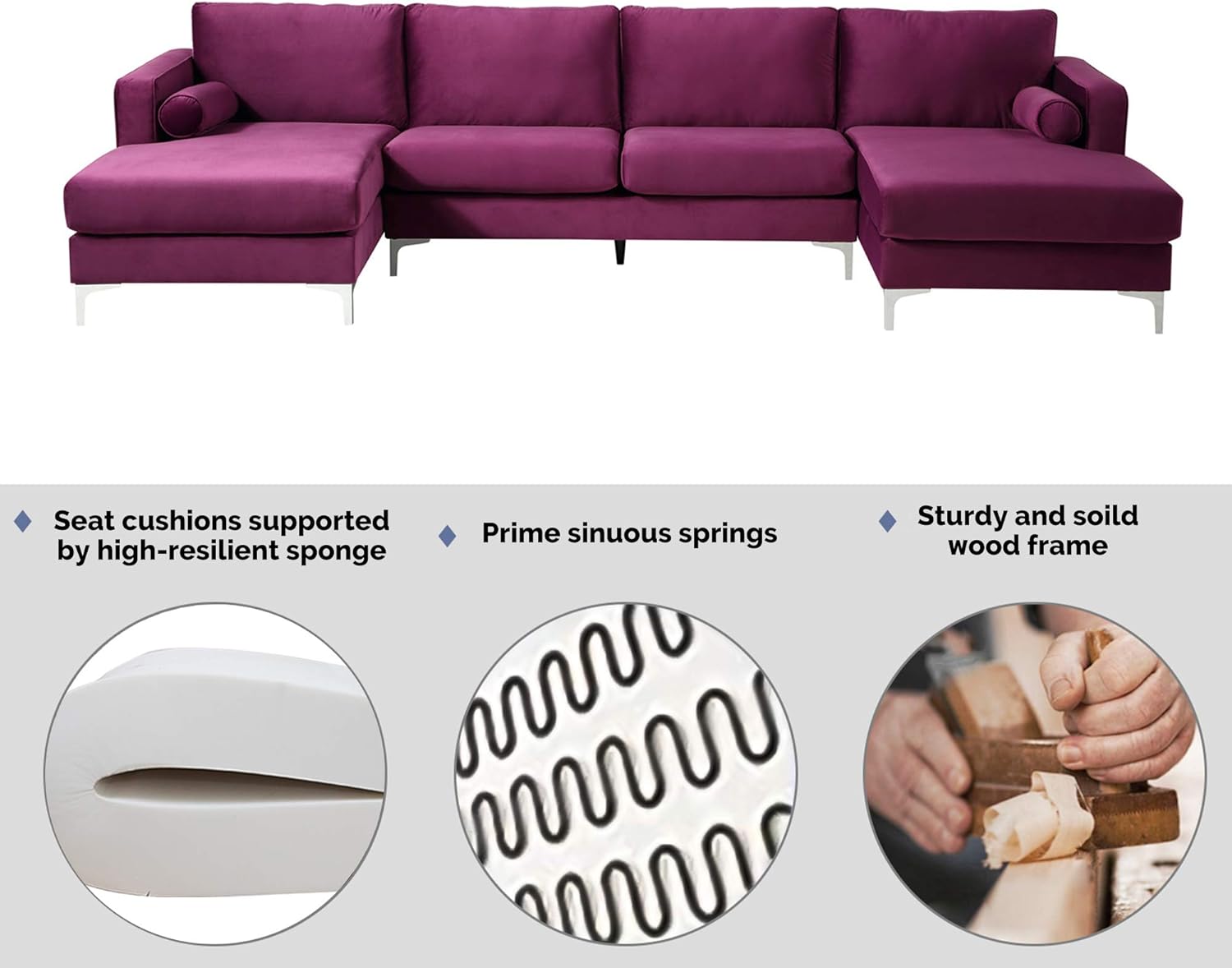 Purple Velvet Sectional Sofa Set with 2 Pillows V4845
