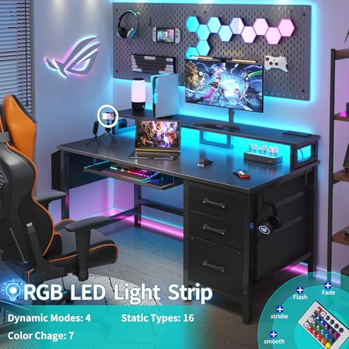 Rustic Brown Computer Desk with File Drawers Cabinet, Keyboard Tray, LED Lights and Power Outlets, Monitor Stand X53160