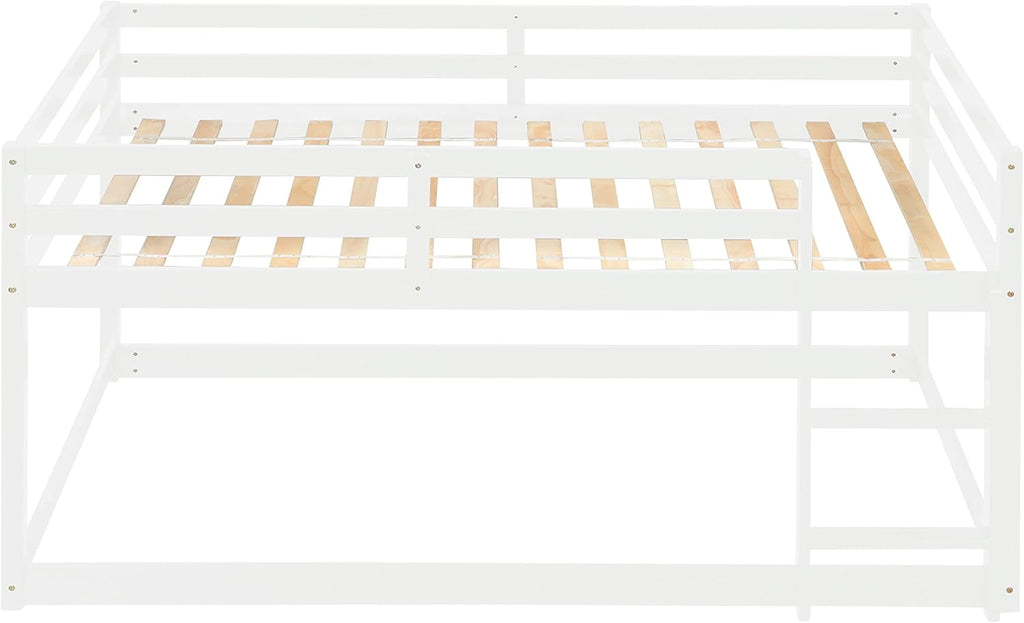 White Twin Over Twin Loft Bed Wooden Bed Frame with Safety Guardrail and Ladder B891893