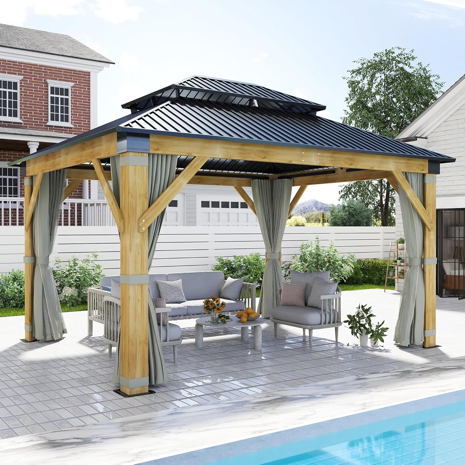 Olive Green Galvanized Steel Roof Wooden Gazebo B9588