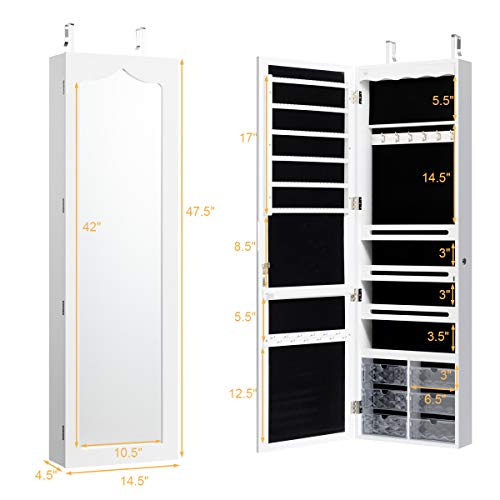 White Wall Mount Lockable Jewelry Cabinet Armoire with Full Length Mirror and 5 Lights U150870