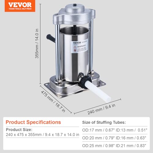 7 L / 15 LBS Vertical Manual Sausage Stuffer, 304 Stainless Steel, 5 Stuffing Tubes C75526