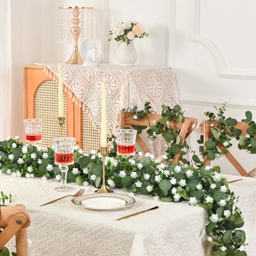 2 Packs 12 FT Artificial Eucalyptus Garland with Boxwood Flowers J163553