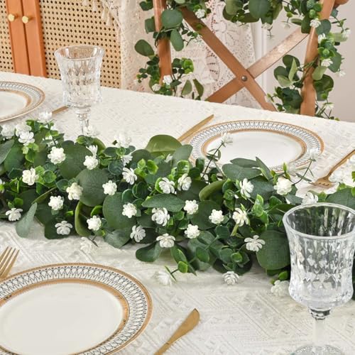 2 Packs 12 FT Artificial Eucalyptus Garland with Boxwood Flowers J163553