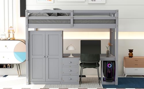 White Full Size Loft Bed with Wardrobe, Desk and Storage Drawers D4389