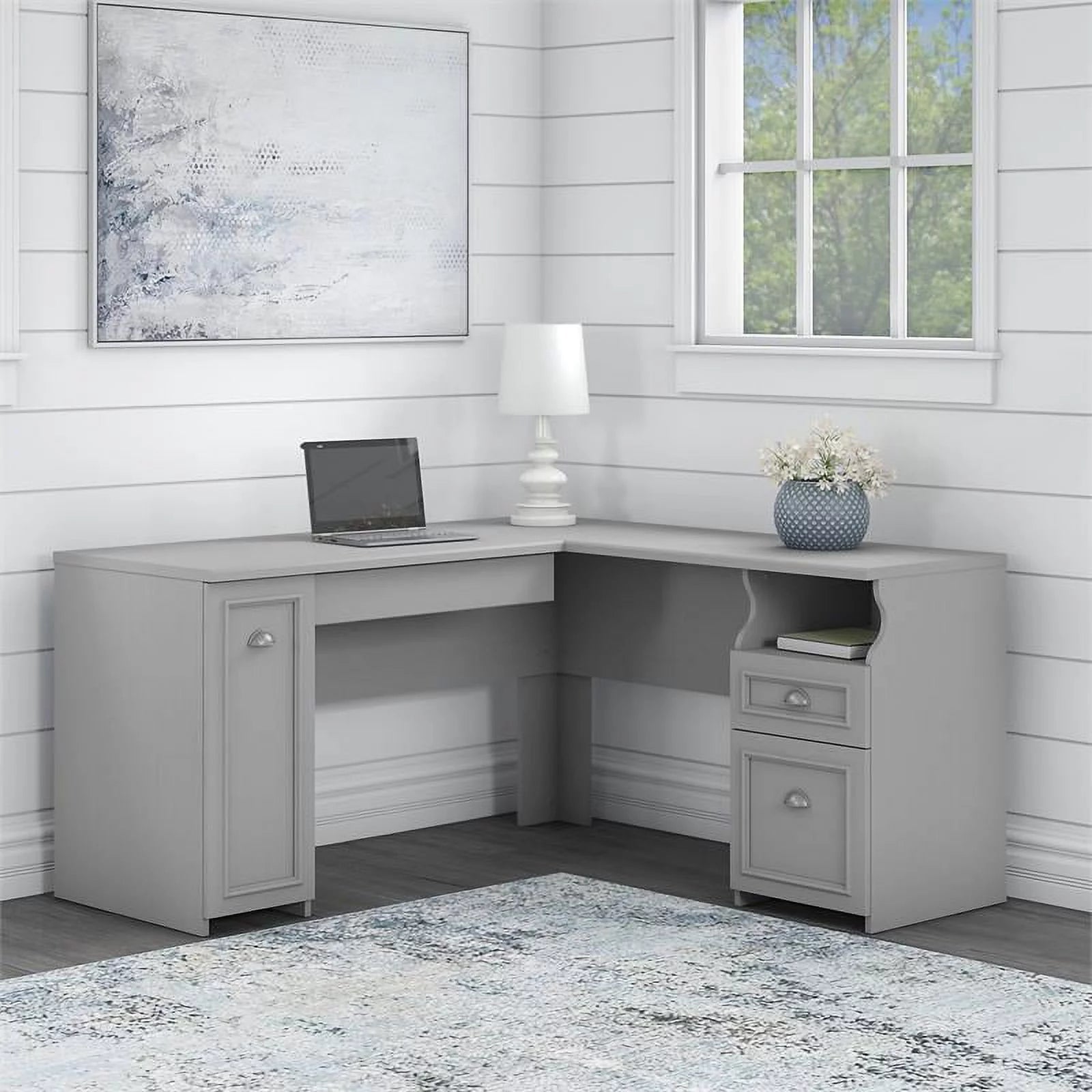 60W L Shaped Desk with Drawers and Storage Cabinet, Gray W42135