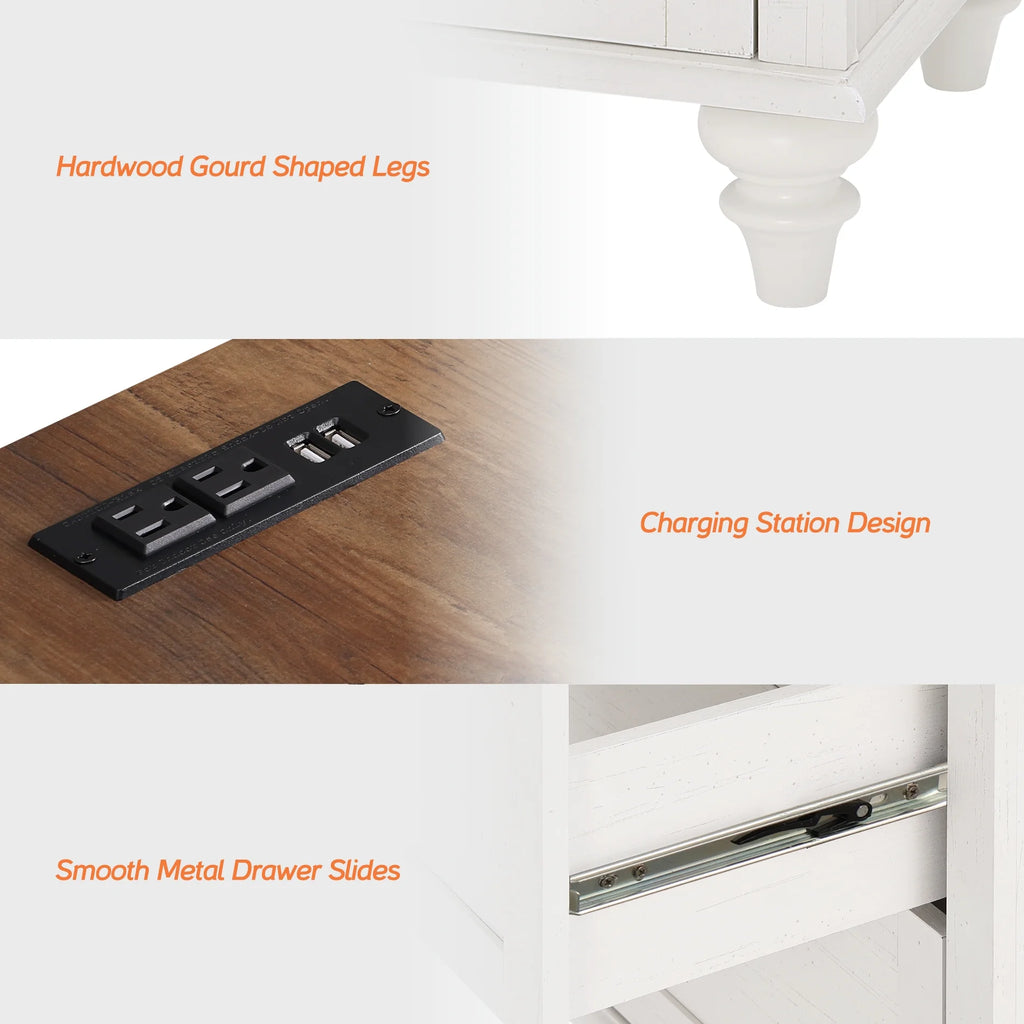 Off-White Wood Nightstand with Drawer and Charging Station K13241