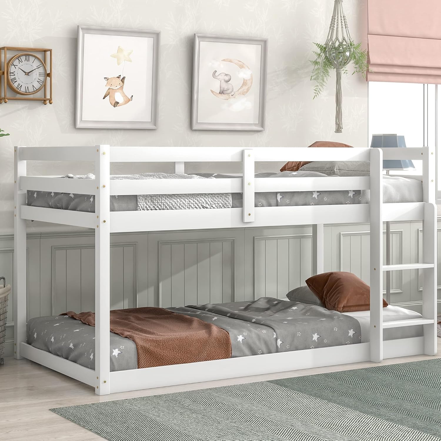 White Twin Over Twin Loft Bed Wooden Bed Frame with Safety Guardrail and Ladder B891893