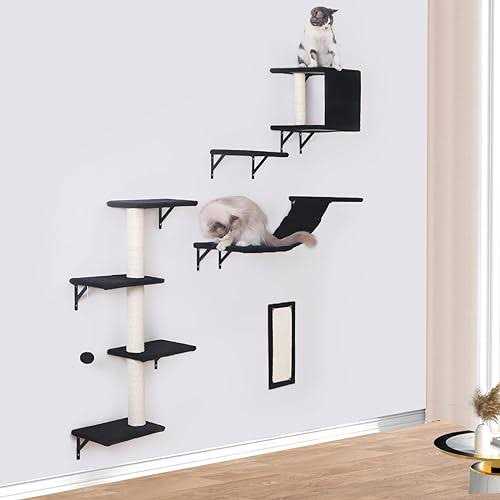 5pcs Wooden Cat Wall Shelves with Bridge, Steps, and Scratcher M342