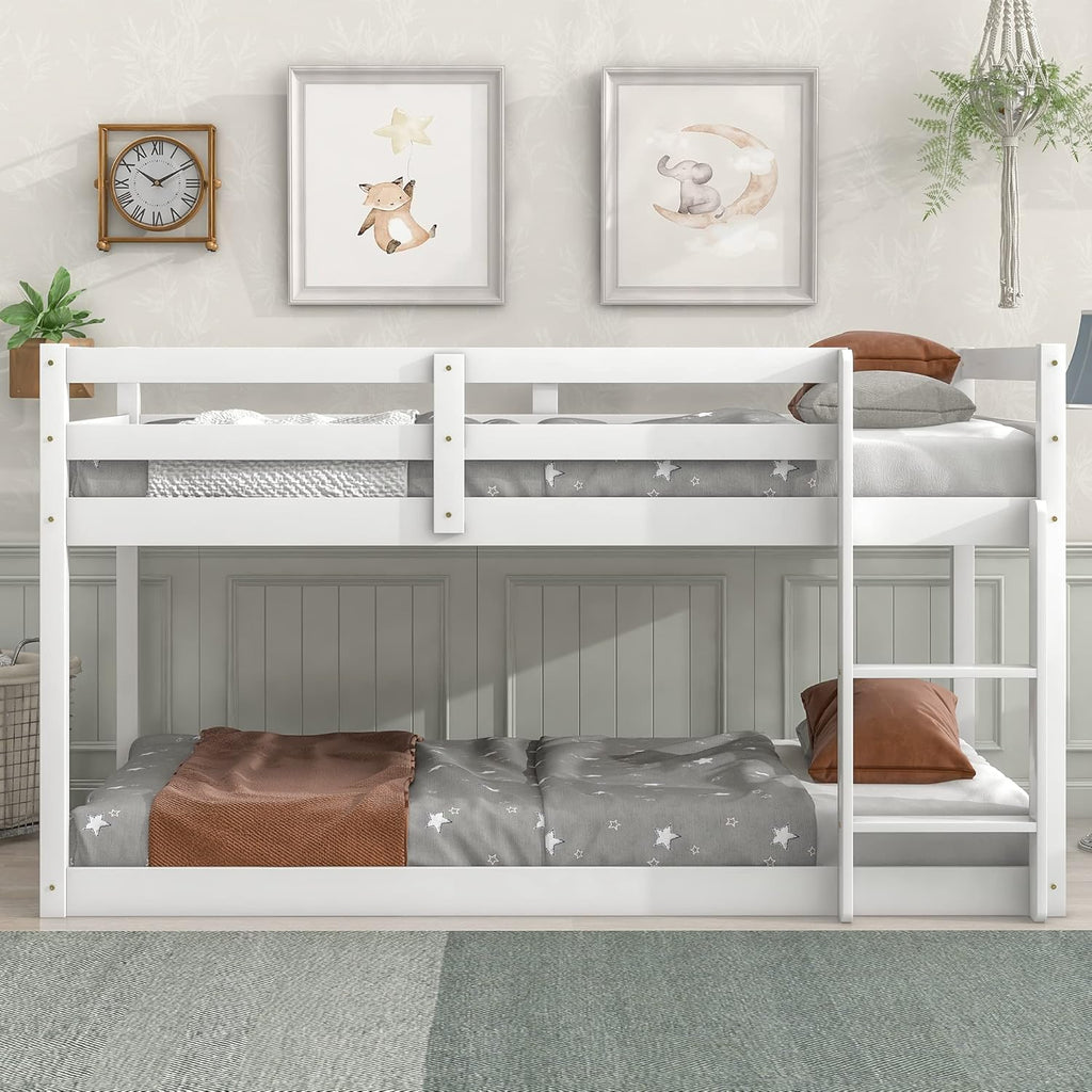White Twin Over Twin Loft Bed Wooden Bed Frame with Safety Guardrail and Ladder B891893