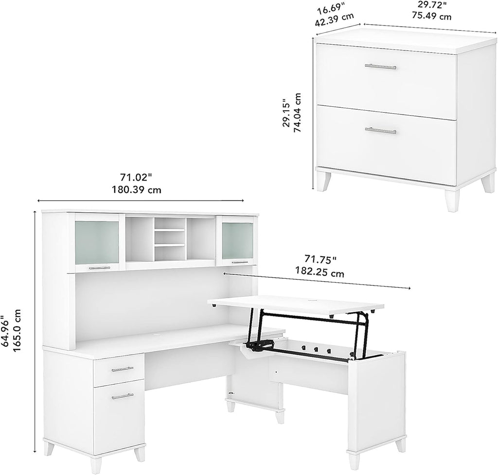 White 3 Position Sit to Stand L Shaped Desk with Hutch and File Cabinet L570450