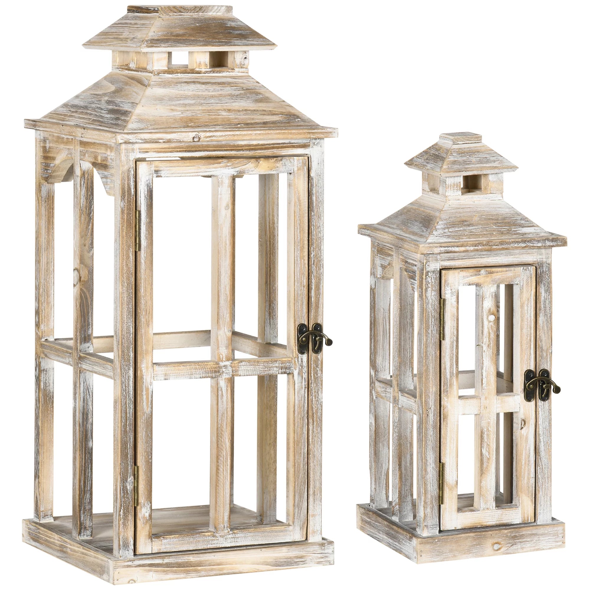 2 Pack Large Rustic Wooden Lantern Decorative, Natural B475309