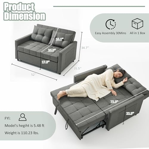 Light Gray Linen Sleeper Sofa with Pull-Out Bed V8935