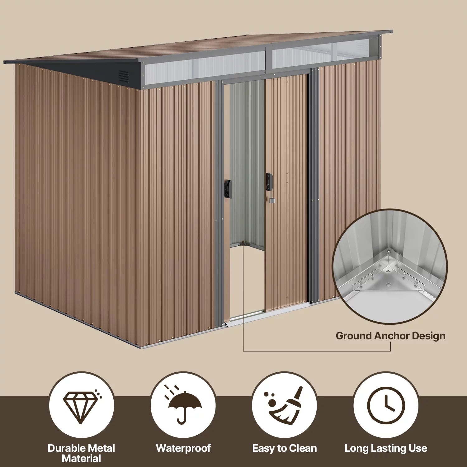 Light Brown 8'x6' Outdoor Storage Shed with Sliding Doors S228