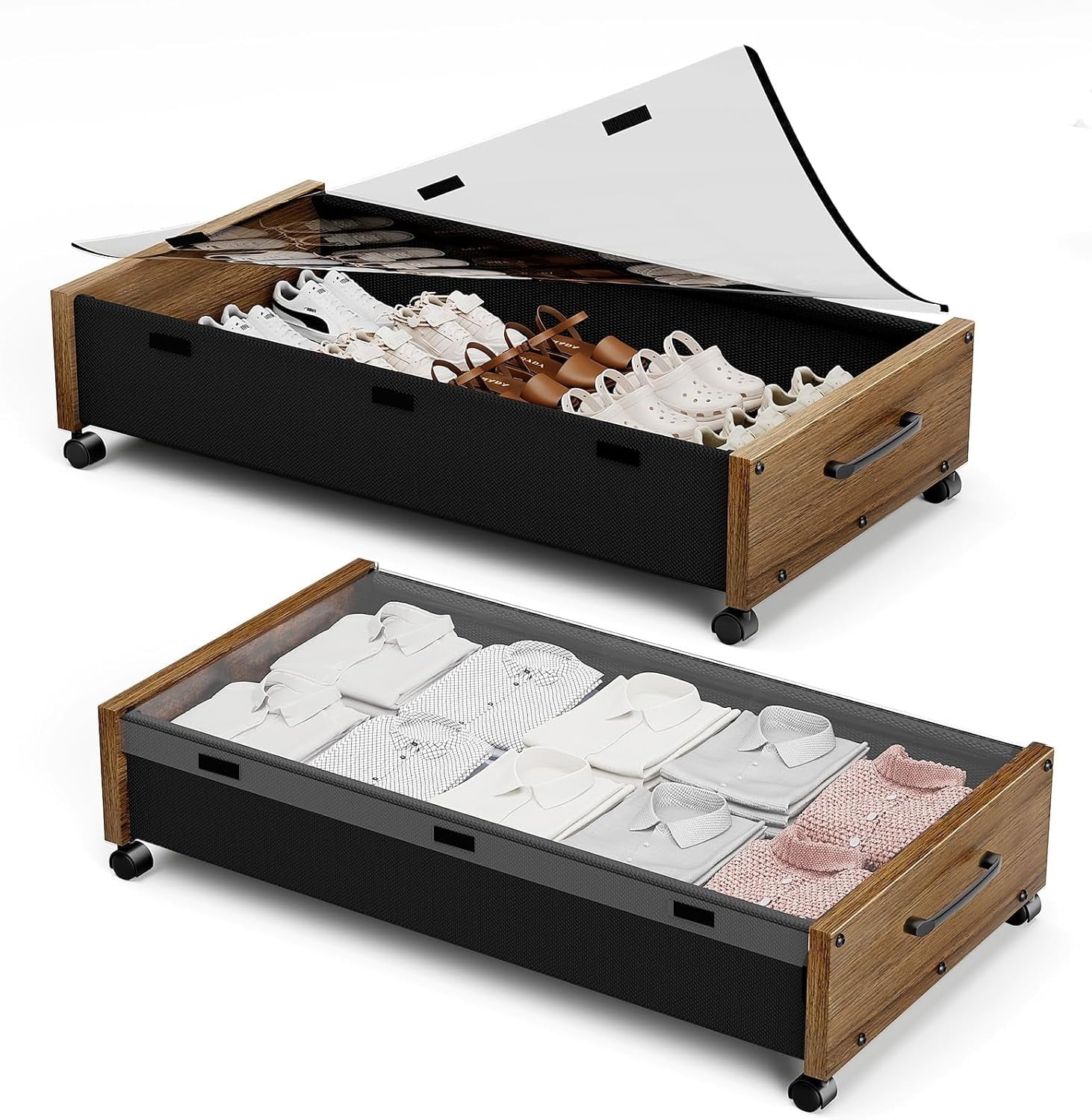 Black Wood 2 Pack Under Bed Storage with Wheels and Removable Lid J340300