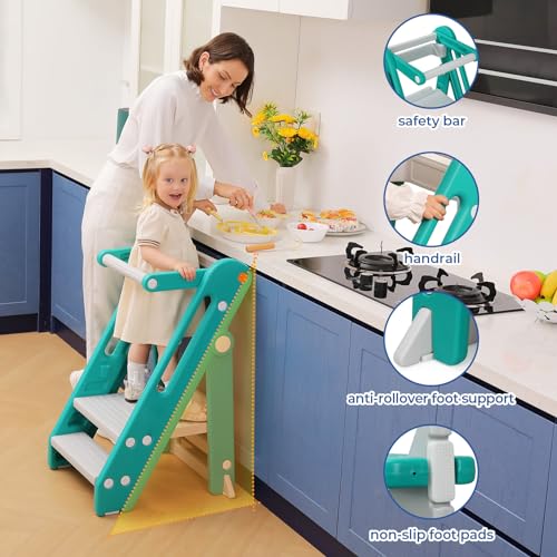 Foldable Adjustable Toddler Kitchen Stool with Handles Non-Slip Blue Grey M586