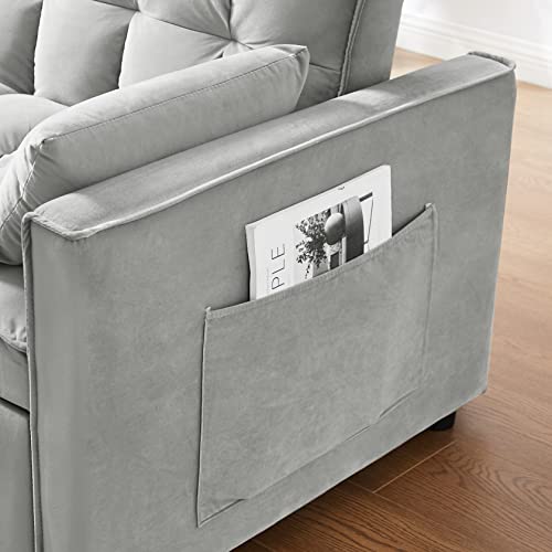 Grey Velvet 3 in 1 Convertible Sleeper Sofa with Pullout Bed H74465