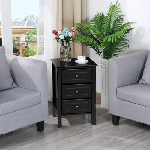 Black Bedside Table Set of 2 with 3 Drawer and Solid Wood Legs K8189