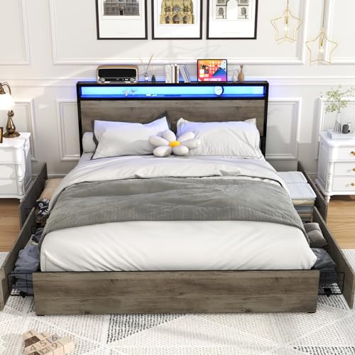 Gray Queen Size Bed Frame with 4 Storage Drawers and LED Headboard L766253