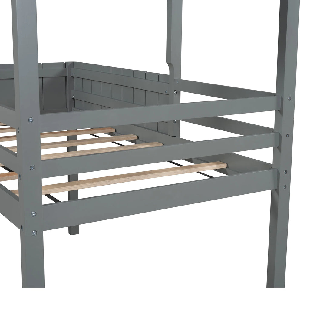 Gray Twin Size Wood Loft Bed with Roof Guardrail Ladder J9558