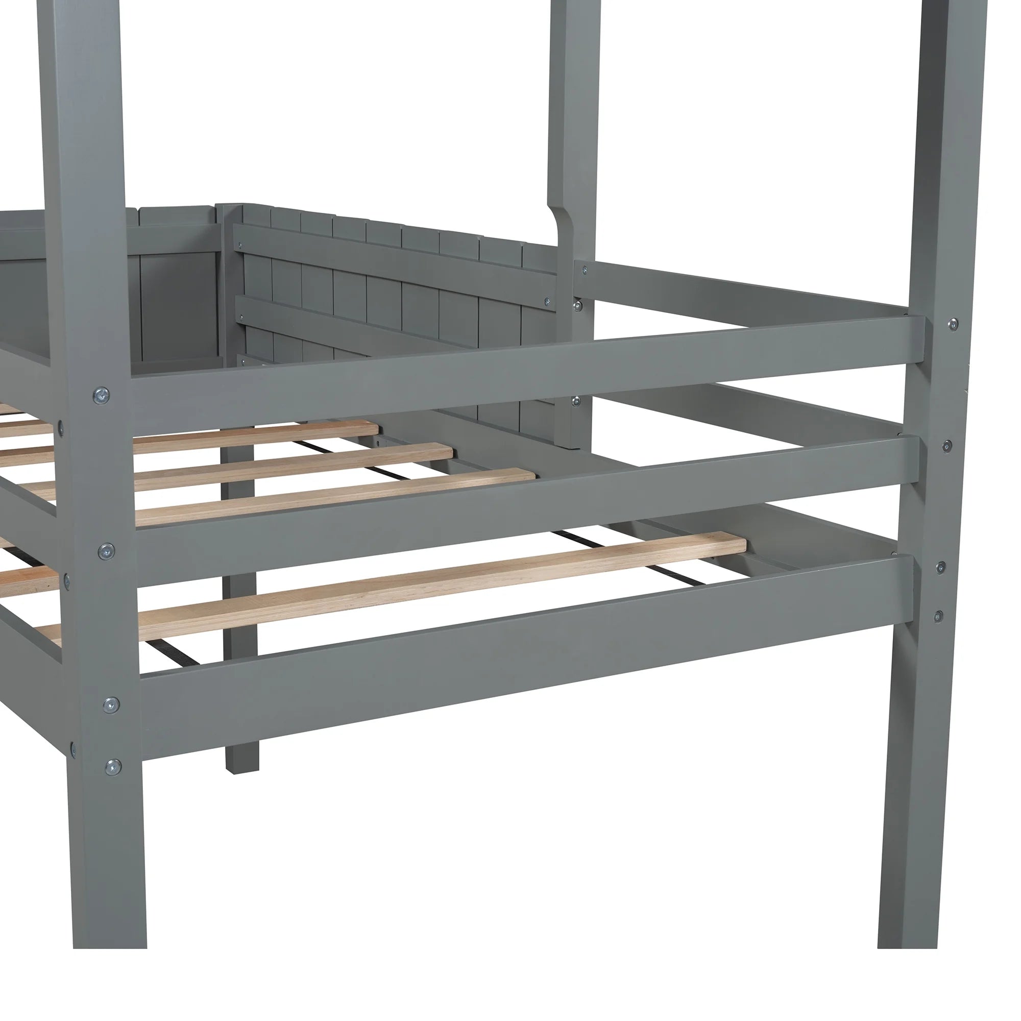 Gray Twin Size Wood Loft Bed with Roof Guardrail Ladder J9558