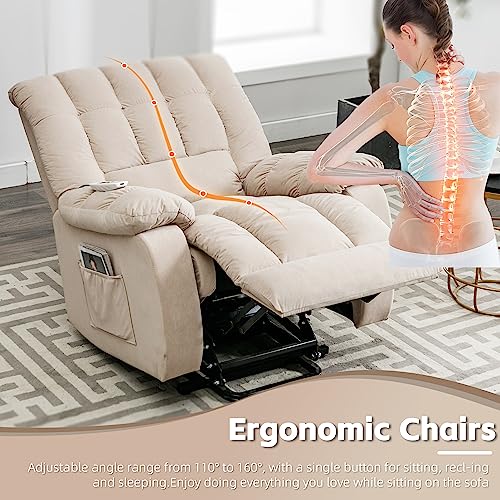 Beige Velvet Electric Lift Recliner Chair with Heat and Vibration O512994