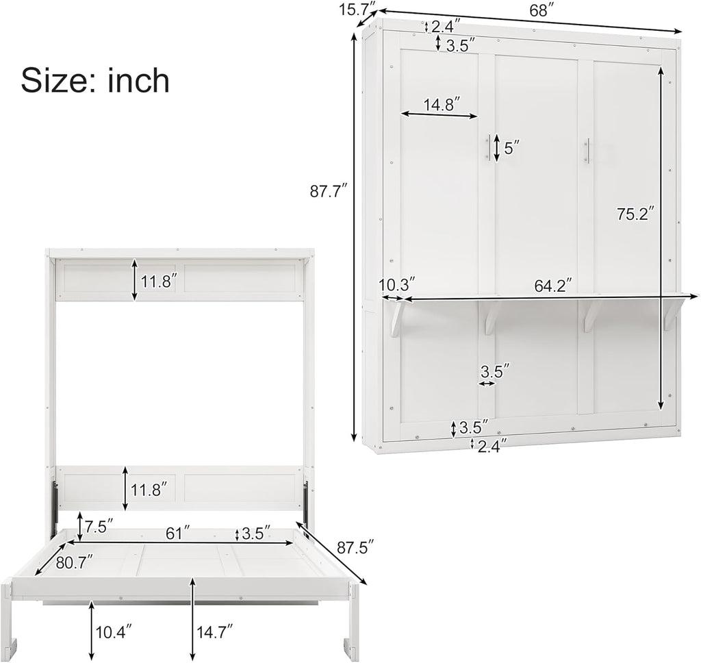 White Queen Size Murphy Bed with Desk S34010