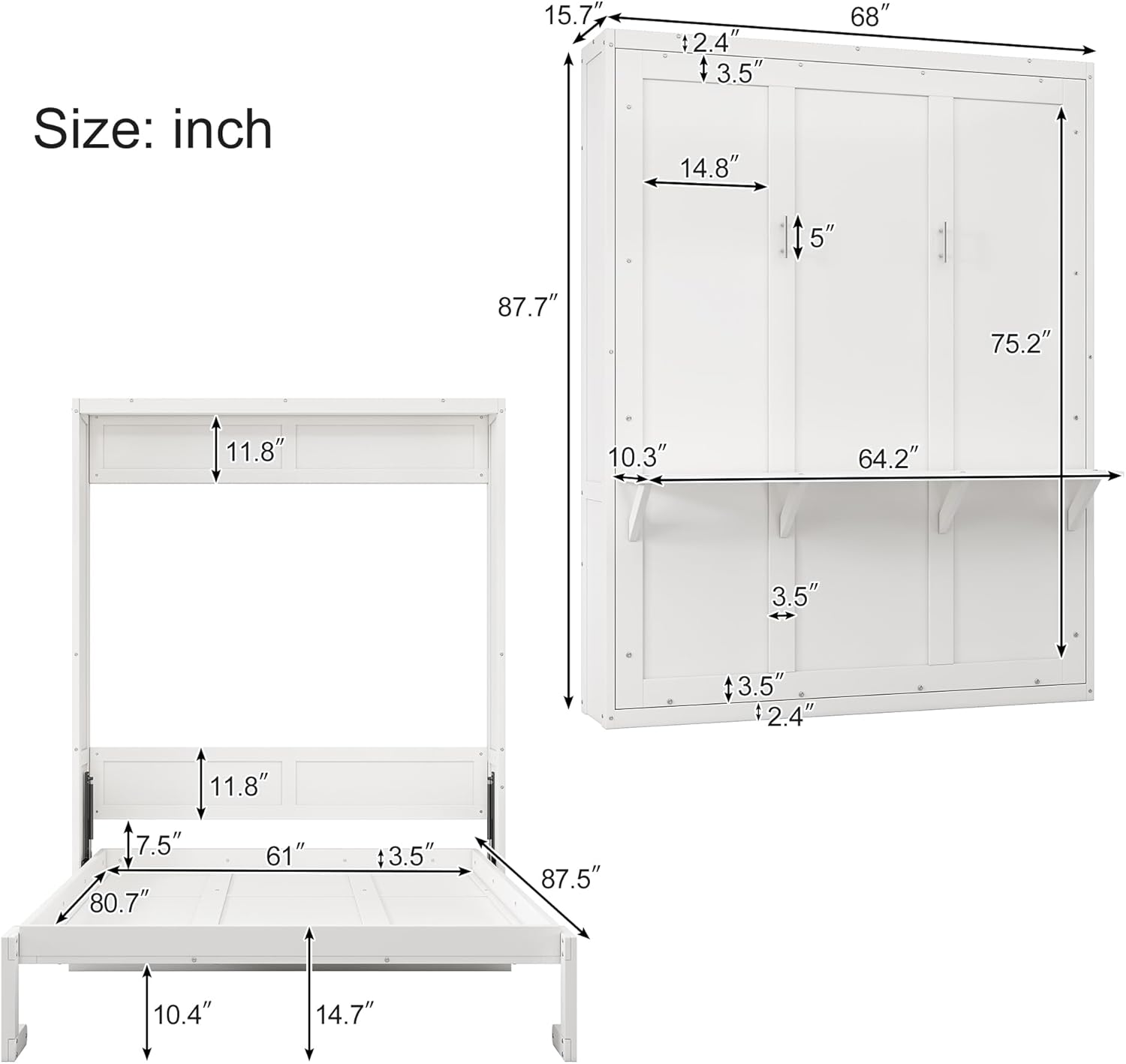 White Queen Size Murphy Bed with Desk S34010