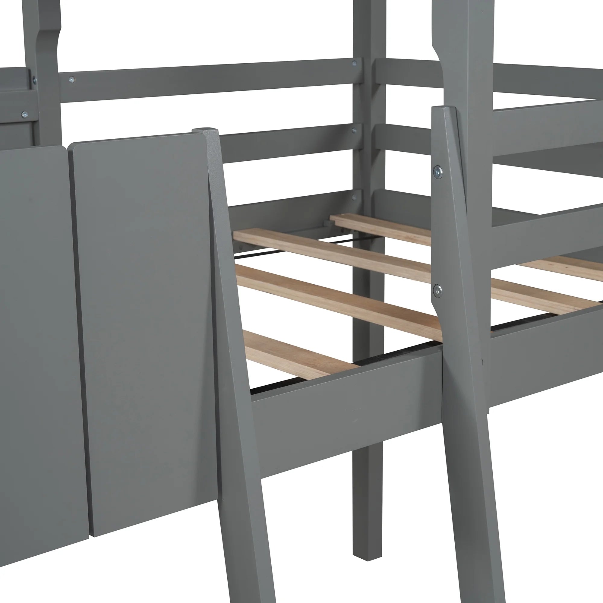 Gray Twin Size Wood Loft Bed with Roof Guardrail Ladder J9558