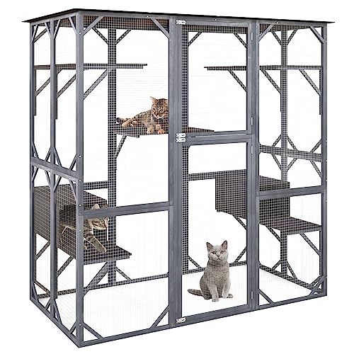 72 Inch Tall Wooden Cat Enclosure with Weatherproof Asphalt Roof R2535