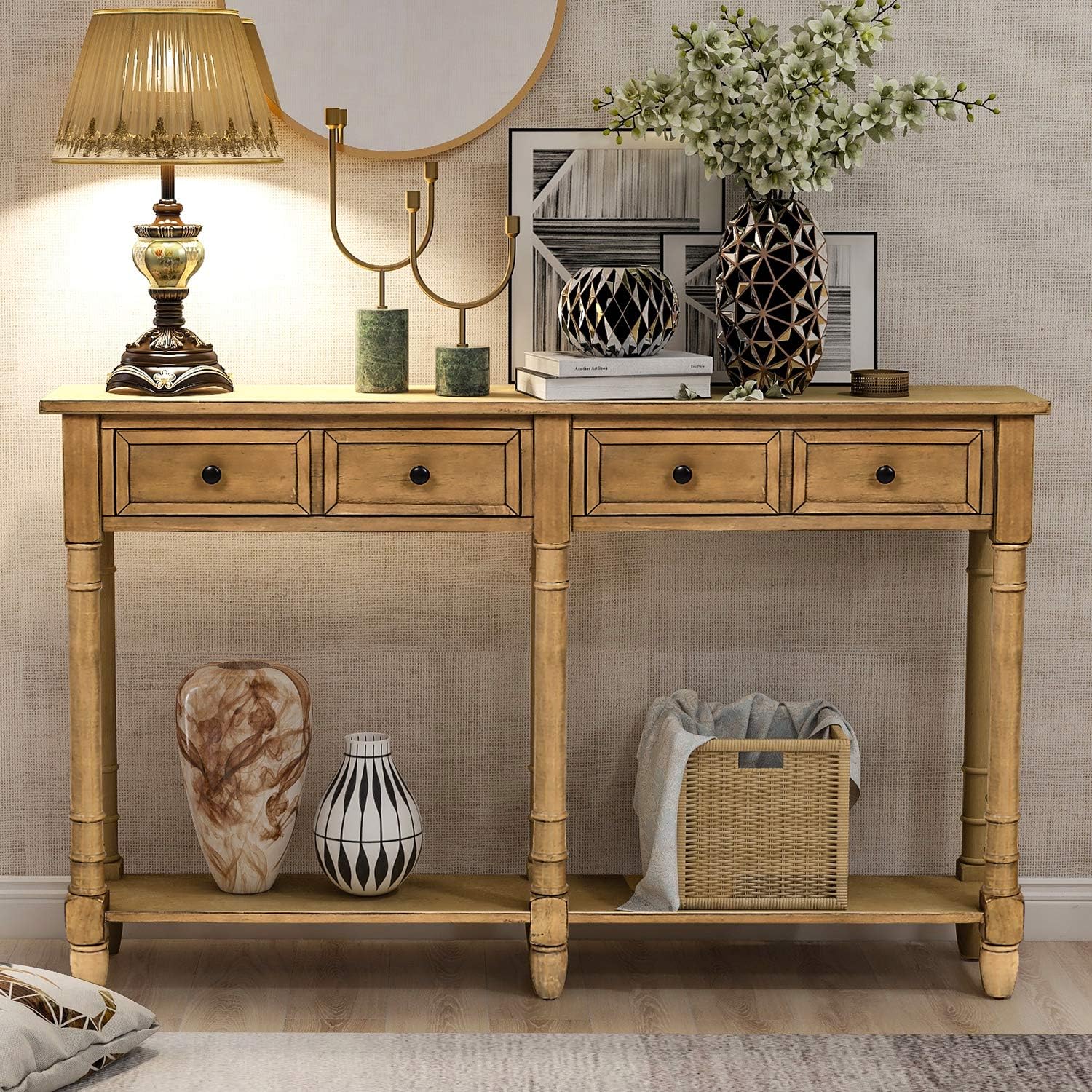 Old Pine Solid Wood Console Sofa with Two Storage Drawers and Bottom Shelf V549