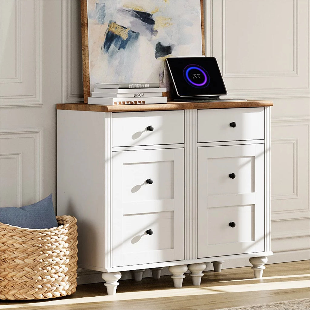Off-White Wood Nightstand with Drawer and Charging Station K13241