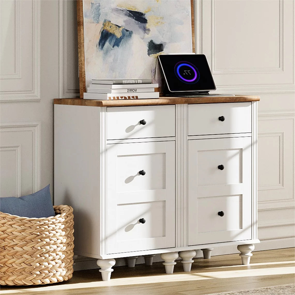 Off-White Wood Nightstand with Drawer and Charging Station K13241