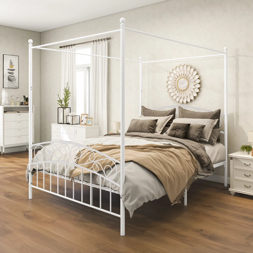 Queen Size Black Metal Canopy Bed Frame with Headboard T952