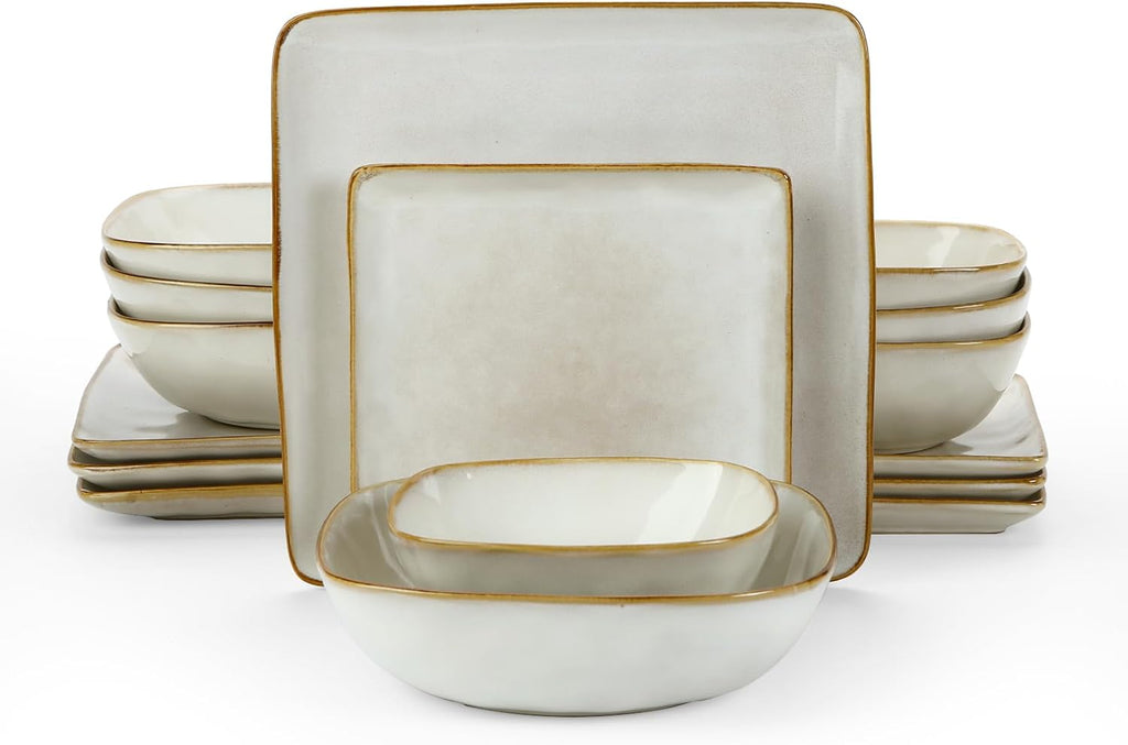 16-Piece Dinnerware Set, Square Plates and Bowls, Cappuccino White D410578