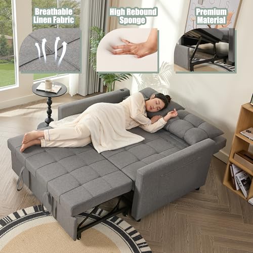 Light Gray Linen Sleeper Sofa with Pull-Out Bed V8935