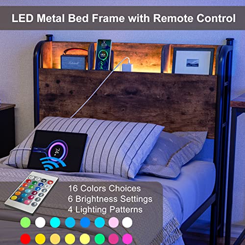 Queen Platform Bed Frame with LED Lights and Charging Station and Storage Shelf Headboard, Black U285920