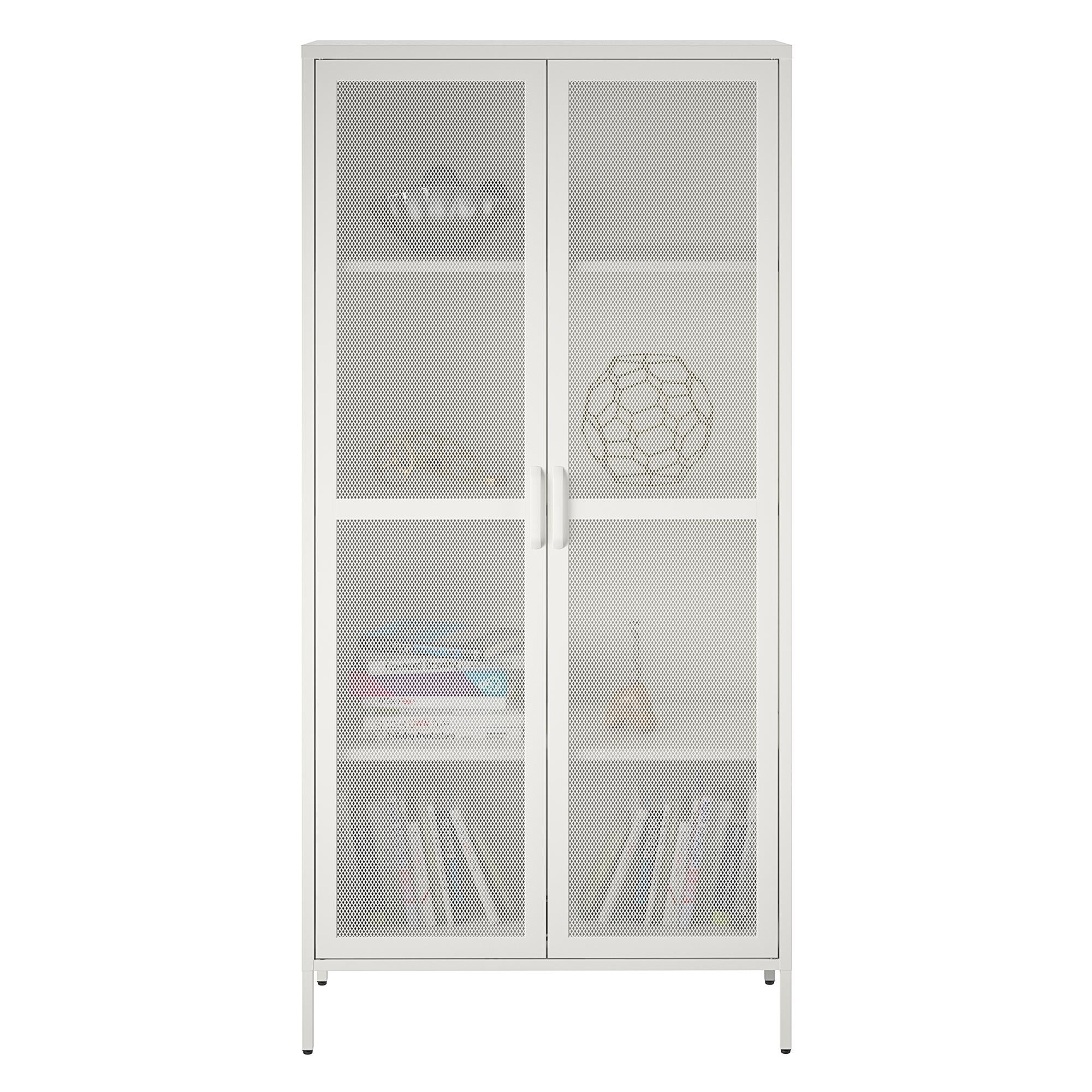 2 Door Tall Metal Locker Style Storage Cabinet with Mesh Metal Doors, Soft White V254